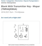 Genuine Mopar Oem Blank Key With Transmitter 7MR44JXWAA 2018-21 Ram Promaster. Fixed Price $149.00.