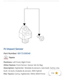 2020 2023 Toyota Highlander Front Sensor, Set. Fixed Price $80.00.